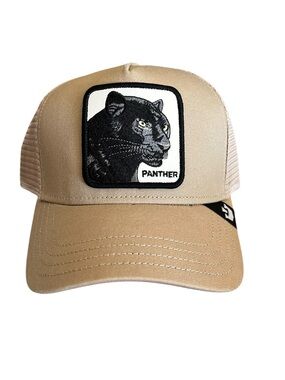 New Goorin Bros Black Panther Embroidered Patch Snap Back Tan Brown Trucker Hat